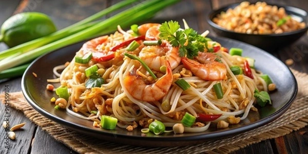 Fototapeta Delicious Pad Thai noodles topped with shrimp, peanuts, bean sprouts