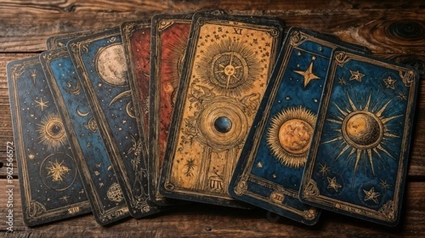 Fototapeta Sun or symbol of strength. Magic occult tarot cards, Esoteric boho spiritual tarot reader, Magic card astrology, drawing spiritual posters