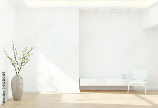 Fototapeta Minimalist white interior with a vase of branches and a white chair
