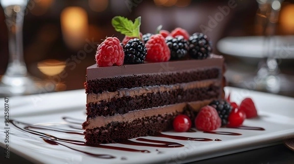 Fototapeta Chocolate Cake with Berries and Chocolate Sauce