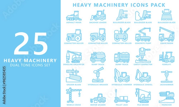 Fototapeta Heavy equipment dual tone blue color icon set, contain compactor, excavator, bulldozer, crane, loader, jackhammer and more. vector EPS 10. use for UI, UX, app and web constructions development.