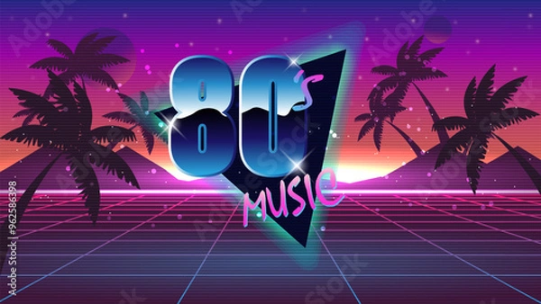Fototapeta Retro style disco design neon.80's music mix.80s background,Retro background in 80s 90s pop art style. Vapor wave disco party banner in neon colors.futuristic neon sunset.