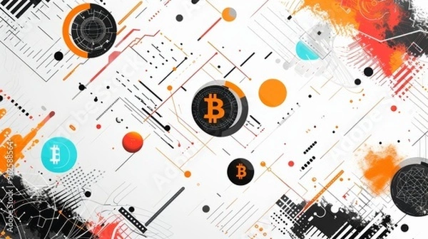 Obraz Abstract digital artwork featuring Bitcoin symbols in a vibrant composition of orange, black, and white. The design includes geometric shapes and circuit-like patterns, highlighting the innovative and