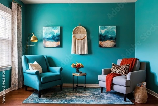 Fototapeta Stylish Reading Nook with Reclining Chair Turquoise Accent Wall and Comfortable Seating