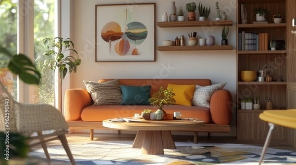 Fototapeta A living room designed with Scandinavian simplicity and mid-century flair, featuring a multicolored fabric sofa, a circular coffee table, and wooden shelves with decorative items.