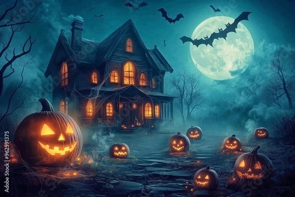 Obraz Spooky Haunted House with Glowing Pumpkins, Cobwebs, and Bats Flying in the Dark Sky