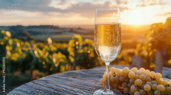 Fototapeta A glass of champagne is on a table next to a bunch of grapes