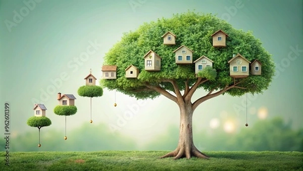 Fototapeta A whimsical design of a tree with green houses growing on its branches