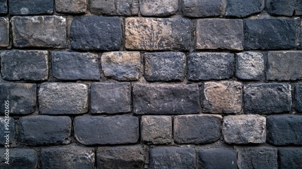 Fototapeta Aged cobblestone wall background with mortar showing signs of wear, giving a historic appearance.