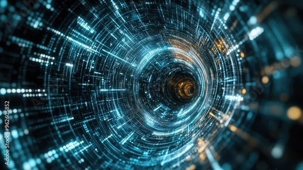 Fototapeta Technology-driven digital vortex seen from a drone's perspective, with a sense of speed and energy created by swirling tech lines