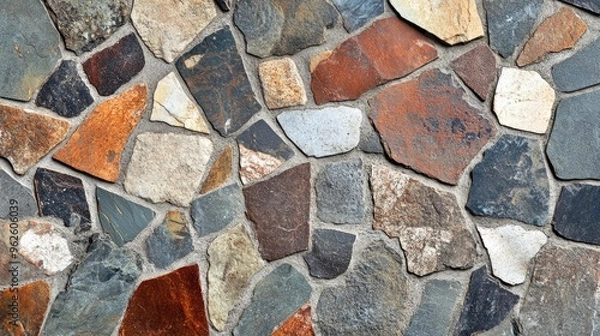Fototapeta Close-up of a mosaic tile background with irregular stone pieces in mixed earth tones for a rustic effect.