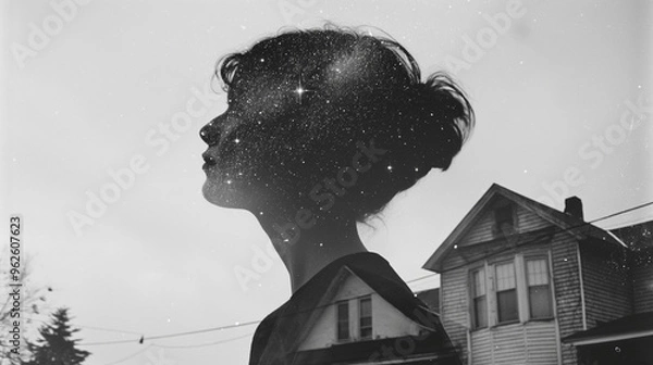 Fototapeta a double exposure of the silhouette of an androgynous person with short hair inside their head is a starry sky
