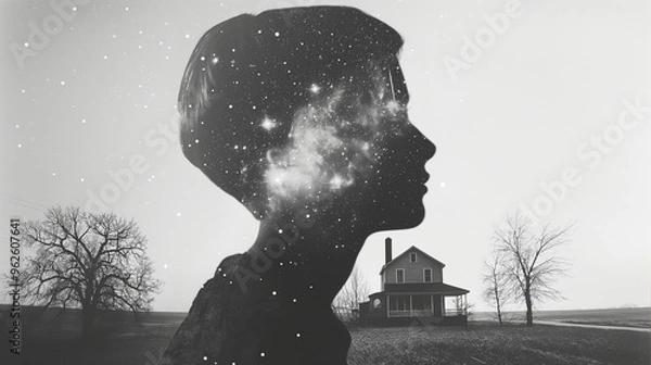 Fototapeta a double exposure of the silhouette of an androgynous person with short hair inside their head is a starry sky