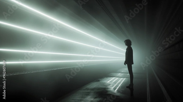 Fototapeta a girl standing in the dark, long exposure, a tunnel with light beams on the ground, hyper realistic photography, atmospheric lighting, foggy