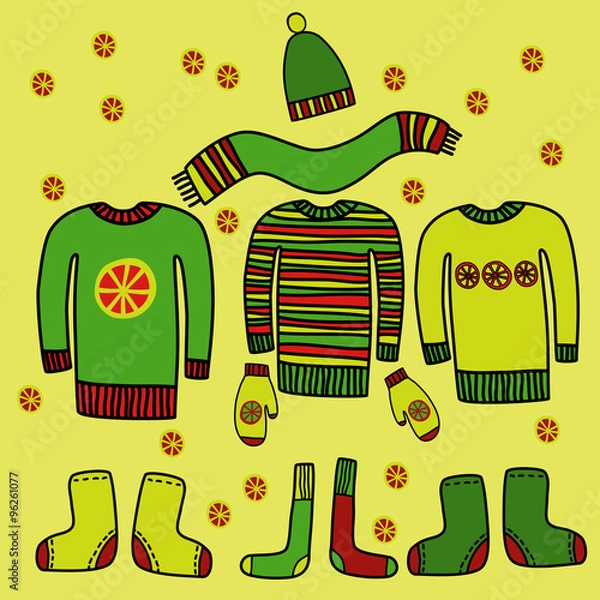 Fototapeta Warm clothes Set. Hats, scarves, socks, boots, mittens, sweater.