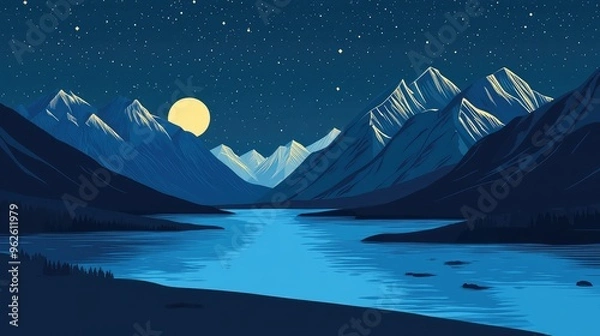 Fototapeta Minimalist vector illustration of a night in Kyrgyzstan, with towering mountains and a serene river flowing under a starry sky