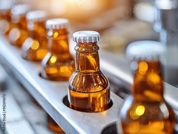 Fototapeta Bottling factory, high-speed capture of bottles being filled and sealed, showcasing the precision and hygiene of food production.