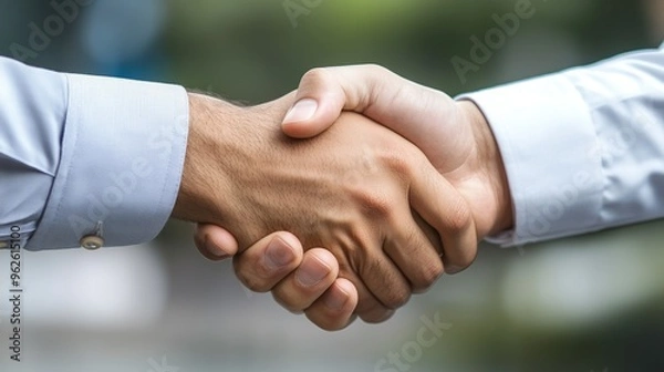 Fototapeta Two men shake hands in a gesture of agreement and partnership.