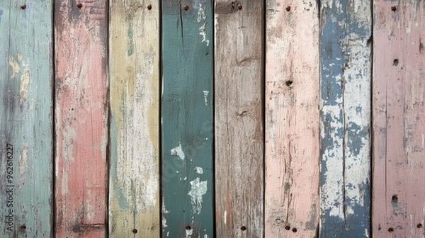 Fototapeta Vintage wooden panel background with visible nail heads and a distressed paint finish in muted colors.