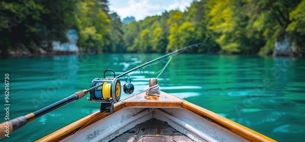 Fototapeta Fishing rod in a boat on a calm lake surrounded by lush green trees. Relaxing and tranquil scene perfect for outdoor enthusiasts.