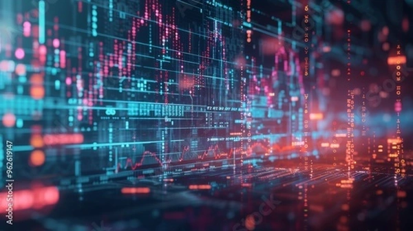 Obraz A futuristic digital visualization of stock market trends with glowing charts and data points. The blue and red neon colors create a high-tech atmosphere, ideal for financial and technological themes.