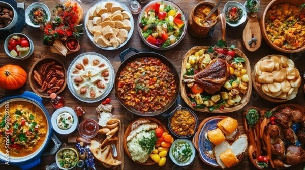 Fototapeta A Feast of Diverse Dishes on a Rustic Wooden Table