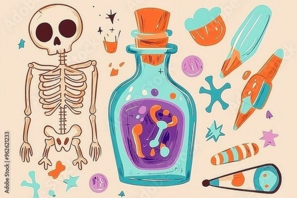 Fototapeta Colorful Skeleton and Potion Bottle Illustration