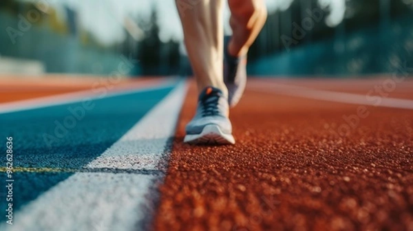 Obraz Close-up of an athlete's legs running on a track at sunset. The image captures the determination and focus required in sports, with the vibrant colors of the track and the setting sun adding a