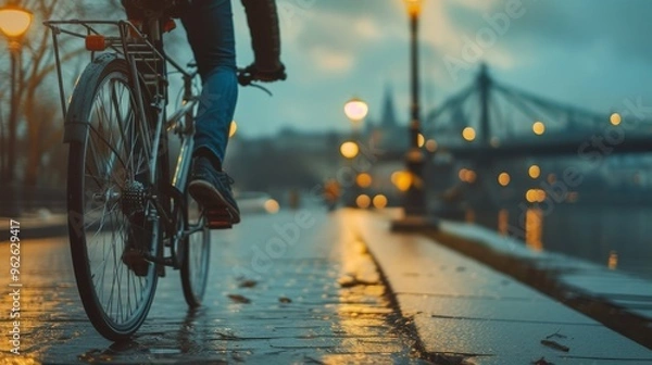 Fototapeta A cyclist navigates a wet city path as dawn breaks, with streetlights reflecting off the damp pavement. The early morning scene captures a sense of urban adventure and the quiet beauty of a city