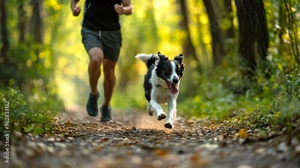 Obraz 5. A jogger with a border collie running through a forest trail