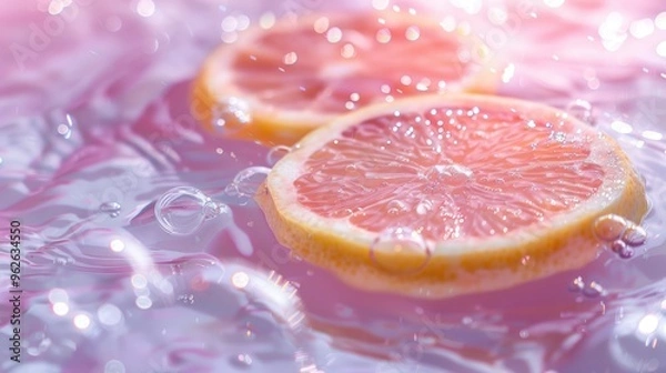 Fototapeta A few grapefruits sit atop a pink background, with droplets of water splashing onto their surfaces