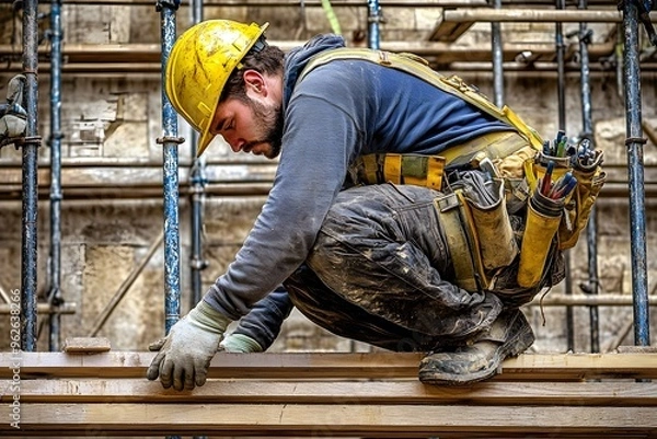Fototapeta Construction Worker on Scaffolding with Tools