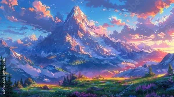 Obraz A vibrant mountain landscape at sunset, showcasing colorful skies and blooming flowers in a serene environment.