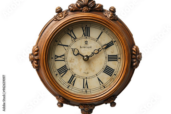 Fototapeta antique wall clock with ornate bronze frame and intricate floral details, featuring a cream-colored clock face with Roman numerals, the clock hands elegantly styled and indicating the time, slightly a