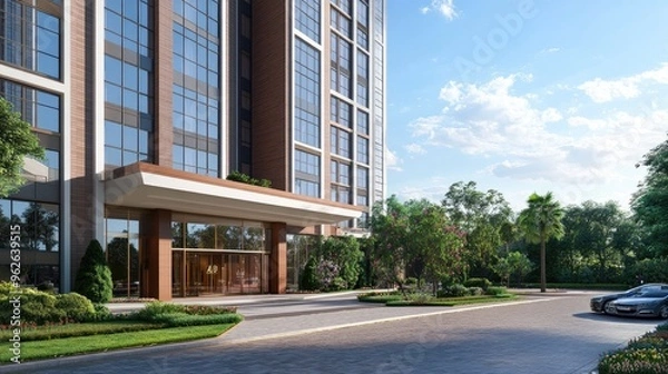 Fototapeta A modern high-rise residential building with a unique facade design, large windows, and a landscaped entrance area -