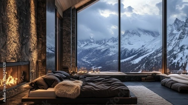 Fototapeta Luxurious bedroom in a mountain lodge with a fireplace, fur throws, and a view of snow-covered peaks