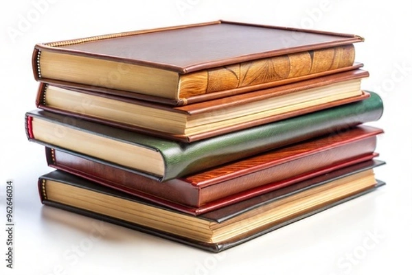 Fototapeta Stack of colorful hardcover books with textured spines and glossy covers in studio setting