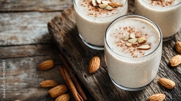 Fototapeta Two glasses of creamy vanilla almond smoothies topped with cinnamon and almond flakes on a rustic wooden table