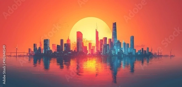 Fototapeta A stunning futuristic city skyline is illuminated by a vibrant sunset. The water reflects colorful hues, creating a serene yet dynamic atmosphere that captivates viewers. Futuristic Urban Landscape