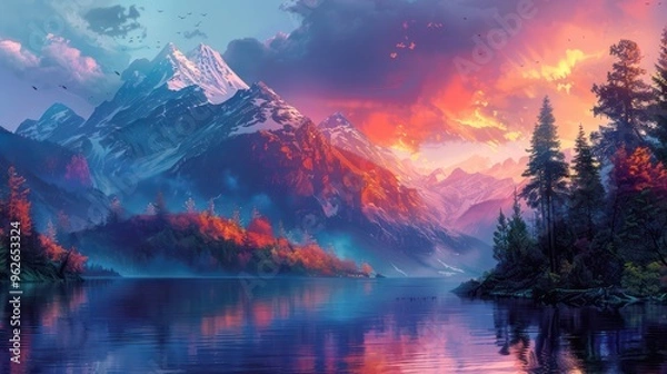Obraz A serene landscape featuring majestic mountains, a reflective lake, and vibrant sunset colors.