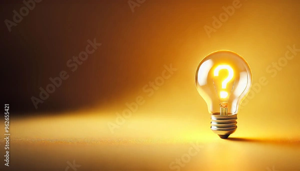 Fototapeta 電球 クエスチョンマーク 黄色 ハテナ 疑問符 アイデア 発想 創造性 謎 発明 創造 光 ？ コンセプト インスピレーション デザイン シンプル 問題 ソリューション 革新 解決 答え 明るさ