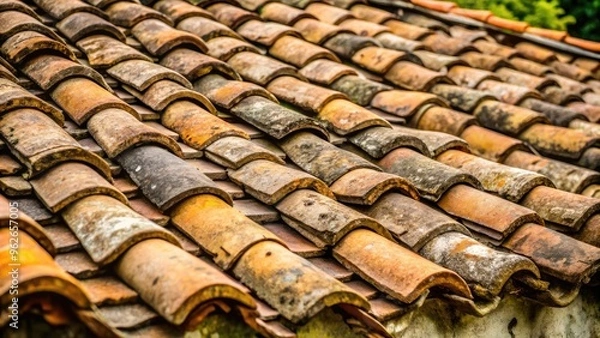 Fototapeta A rustic roof covered with weathered terracotta tiles.