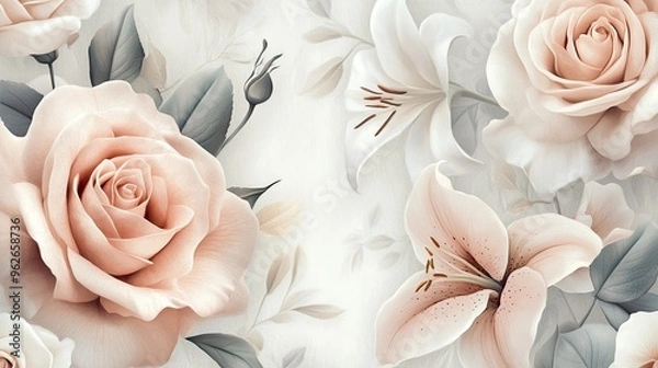 Fototapeta A soft, pastel floral pattern featuring large, delicate roses and lilies on a light background, creating a calm and romantic vibe.