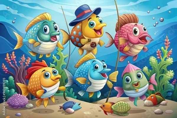 Fototapeta A Cartoon Illustration Depicting A Group Of Diverse Fish Wearing Different Outfits And Holding Fishing Rods, Set Against A Vibrant Underwater Scene
