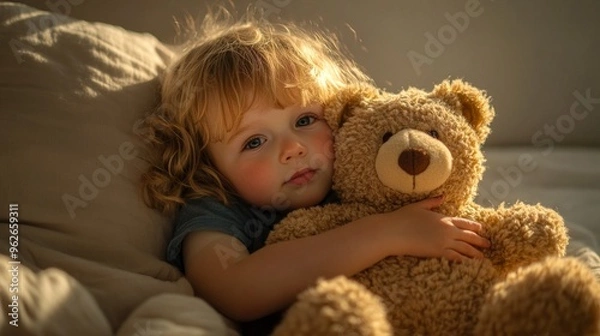 Fototapeta A sweet child cuddles a soft teddy bear in a cozy setting. The warm sunlight creates a peaceful atmosphere. This image captures the innocence and comfort of childhood. AI