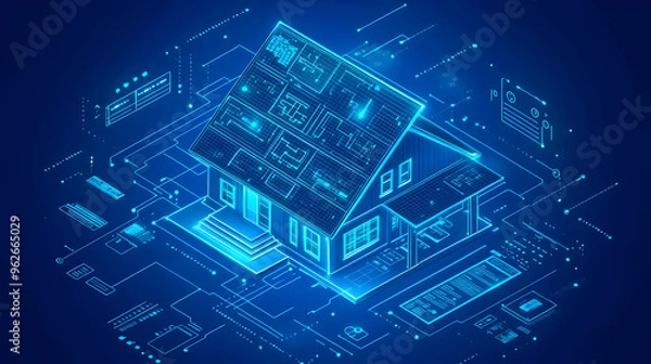 Fototapeta Digital House 3D Illustration: Futuristic Smart Home with Blue Circuitry