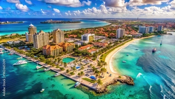 Fototapeta Aerial View Of Aruba'S Palm Beach Area With A Detailed Map Of The Hotels, Resorts, And Other Landmarks.