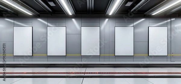 Fototapeta Five blank billboards on a subway station wall. Ideal for mockup and advertising.