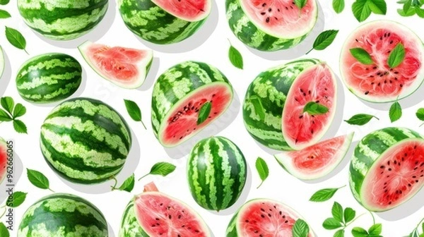 Obraz Watercolor-style seamless pattern of watermelon slices with colorful splashes on a white background. Perfect for artistic, fresh, and playful designs.