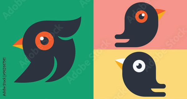 Fototapeta Modern minimalist bird illustration featuring three stylized bird designs in a flat vector style. Vibrant colors and simple shapes create a playful and versatile design for branding or digital use